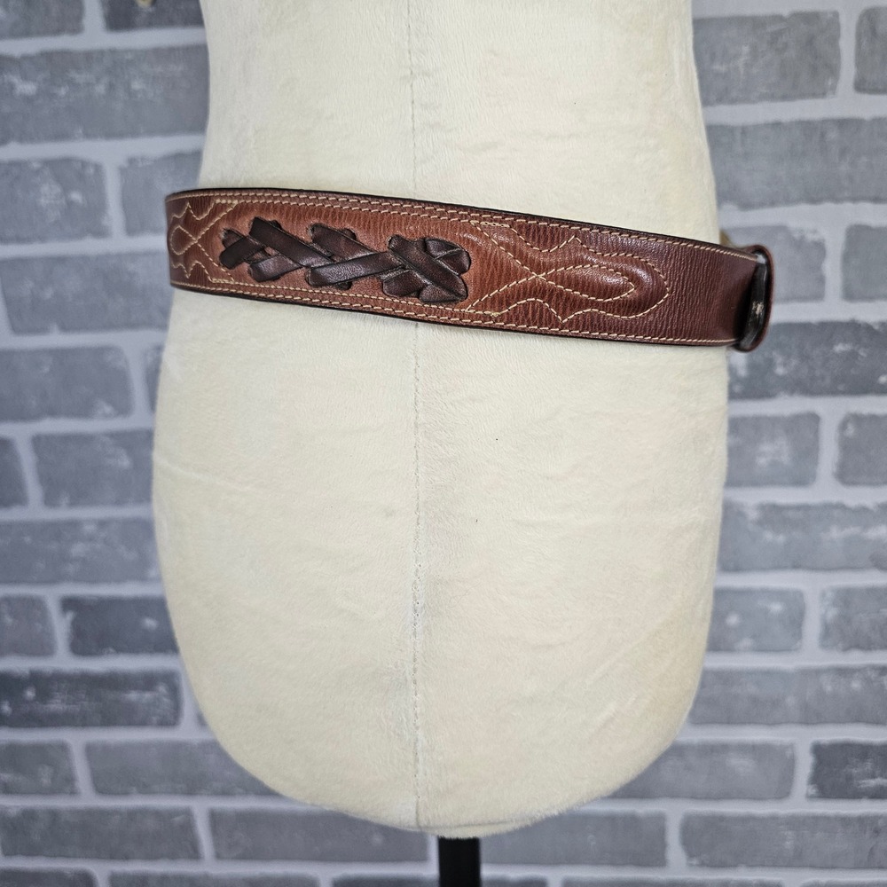 Jordache Vintage Brown Leather Western Belt Braided Leegin USA Gold Buckle 32 - Picture 3 of 11